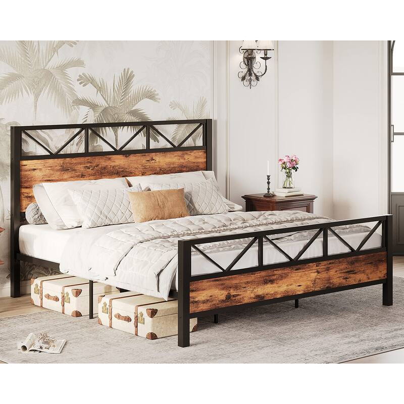 King Bed Frame, Tall Industrial Headboard 51.2", Platform Bed Frame King with Strong Metal